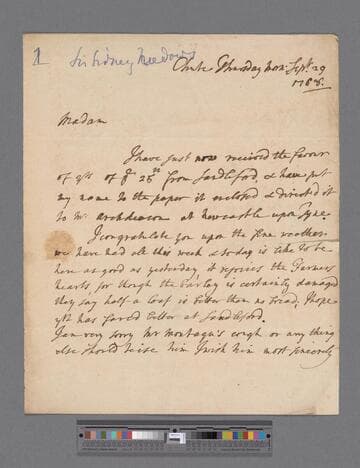 Medows, Sir Sidney. Letter to Elizabeth (Robinson) Montagu